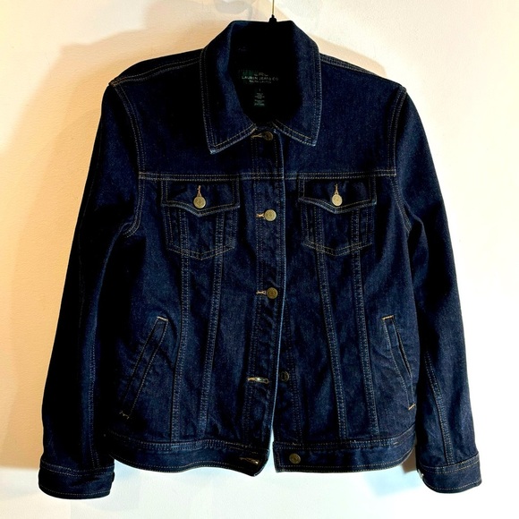 LAUREN RALPH LAUREN Sz L Classic Denim Jean Jacket Multiple Pockets Dark Wash - Picture 1 of 11